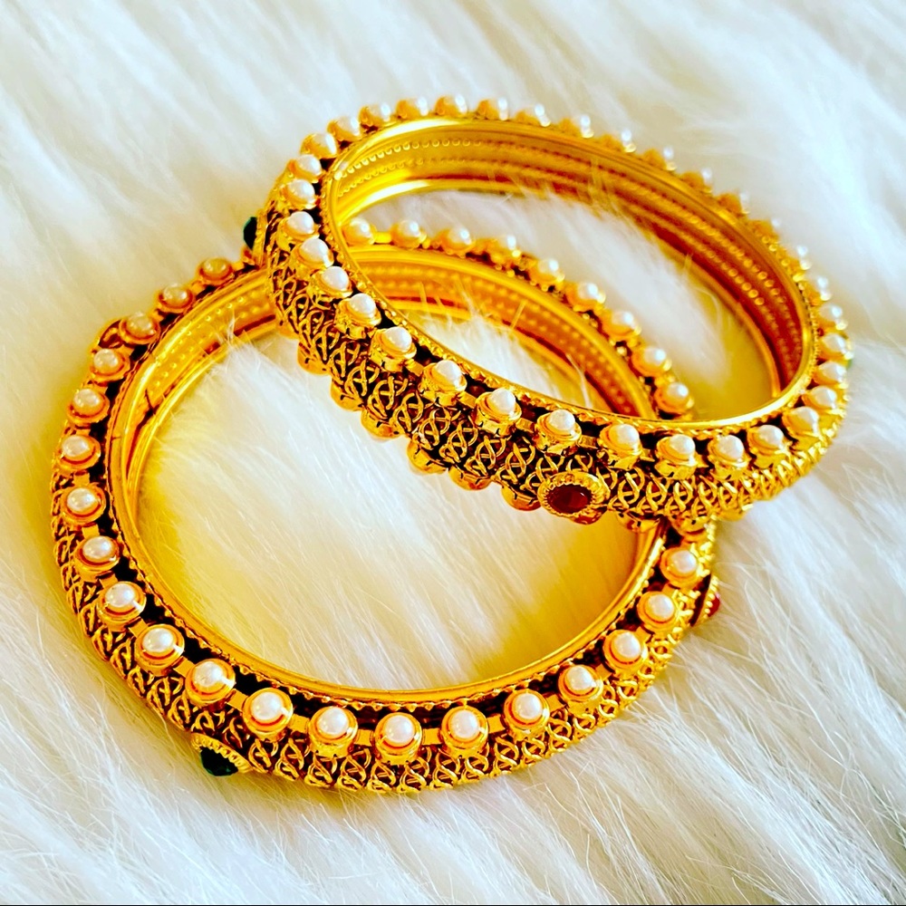 Yellow Gold Pearl Set Of 2 Kada Bangle